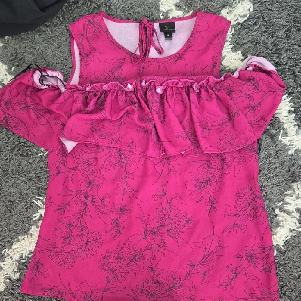 Worthington Pink Floral Cold Shoulder Top, Size M